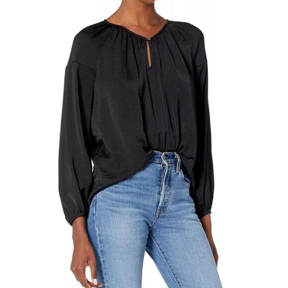 Vince Camuto Elegant Black Neck Blouse with 3/4 Sleeves Versatile Office Evening - Picture 1 of 6
